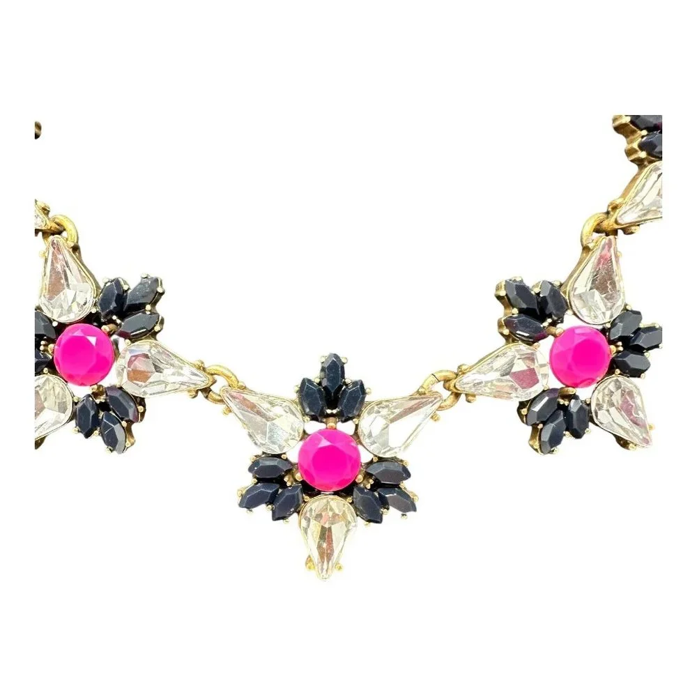 J.Crew Floral Flower Cluster Statement Necklace Pink Black Adjustable Gold Tone - Picture 2 of 11
